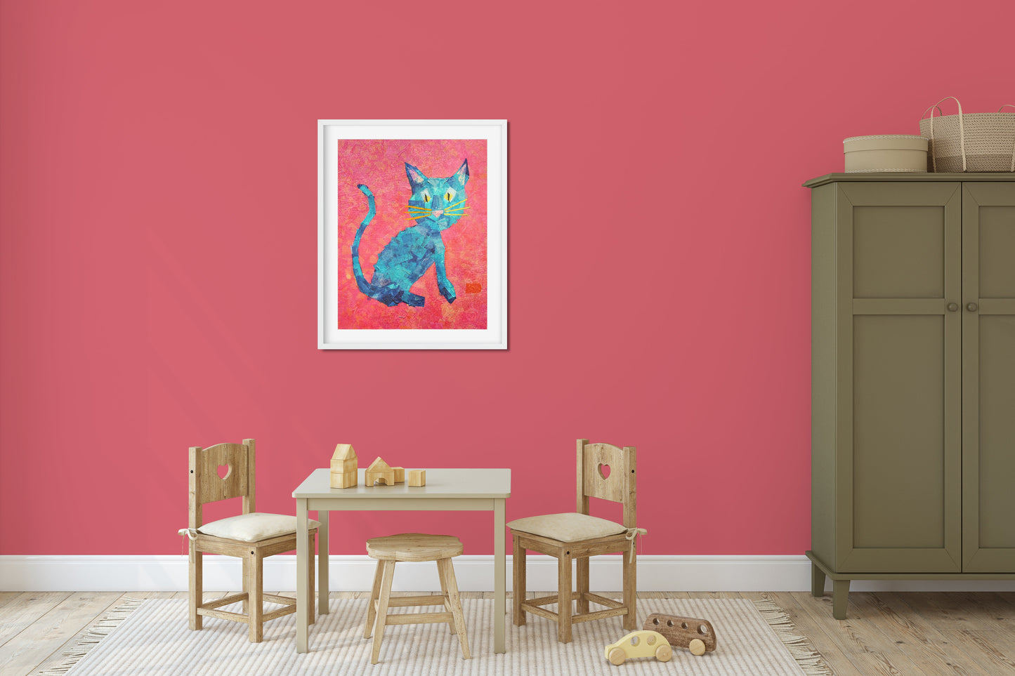 Printable Mischievous Colorful Pink and Blue Cat Print for Nursery
